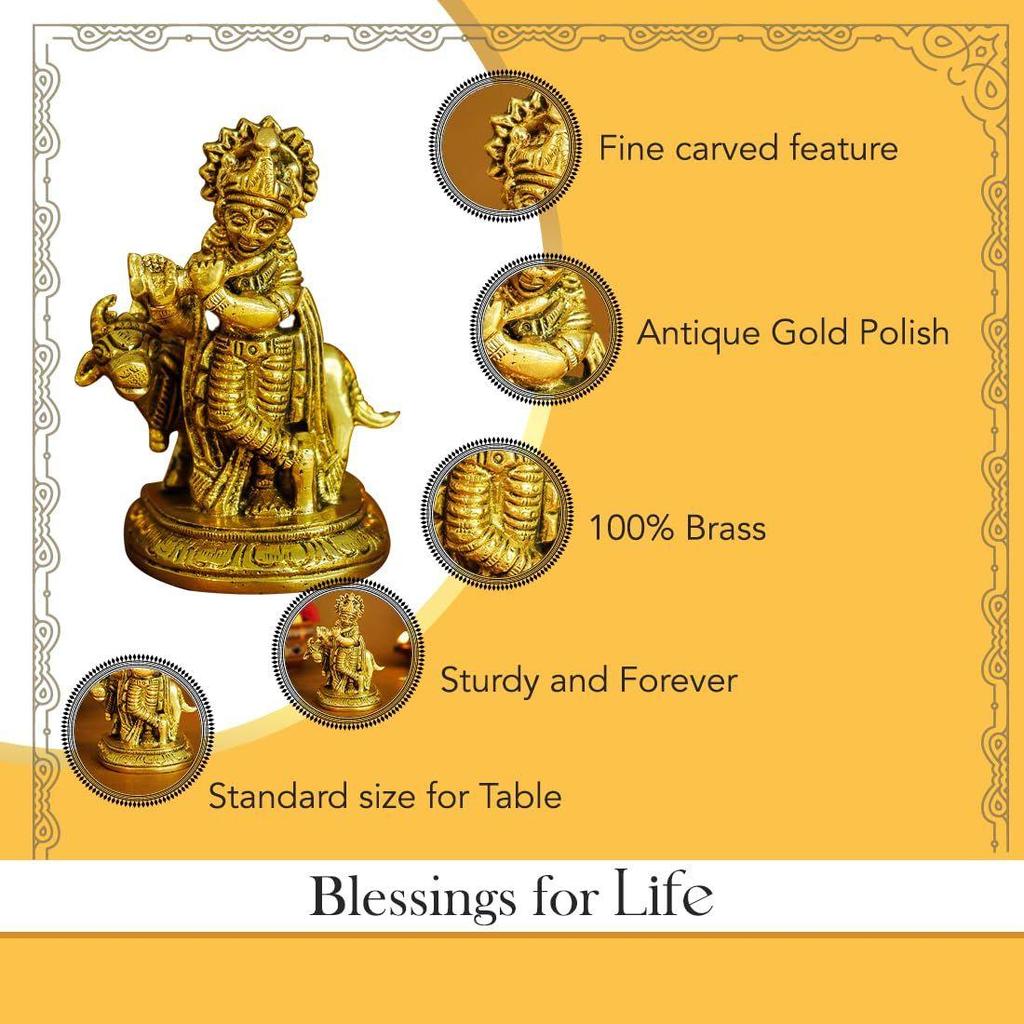 Pure Brass Lord Krishna Idol with Flute (9 cm) | Shree Lord Krishna Statue for Home Decor | Kanha Ji ki Murti for Office Desk