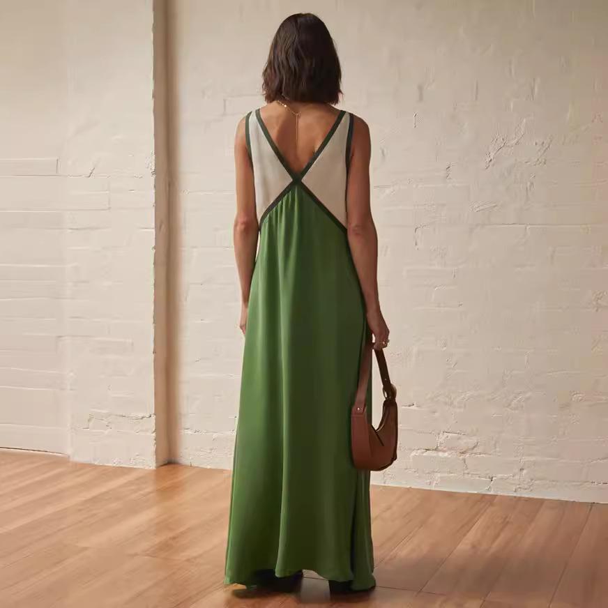 Women's Summer Color Block V Neck Sleeveless Tank Maxi Dress Loose Casual Vacation Beach Long Dress for Women