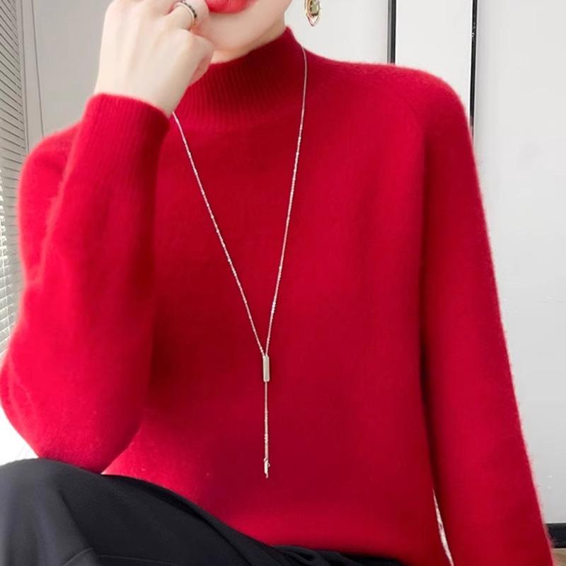 Women's Round Neck Double-Ply Pure Wool Sweater - Thickened Plus Size Solid Color Cashmere Knit Pullover