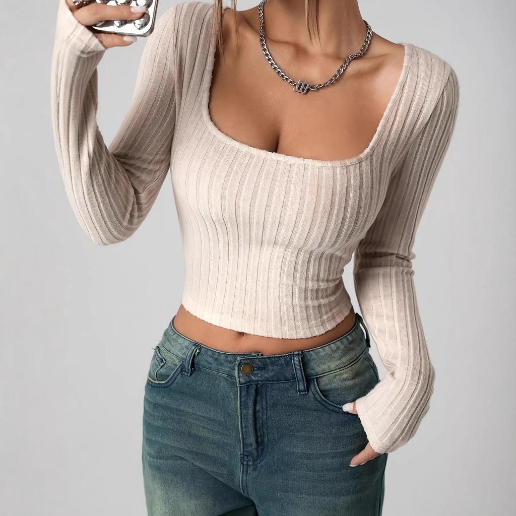 2025 Women's Solid Color Long Sleeve Ribbed Casual T-shirt