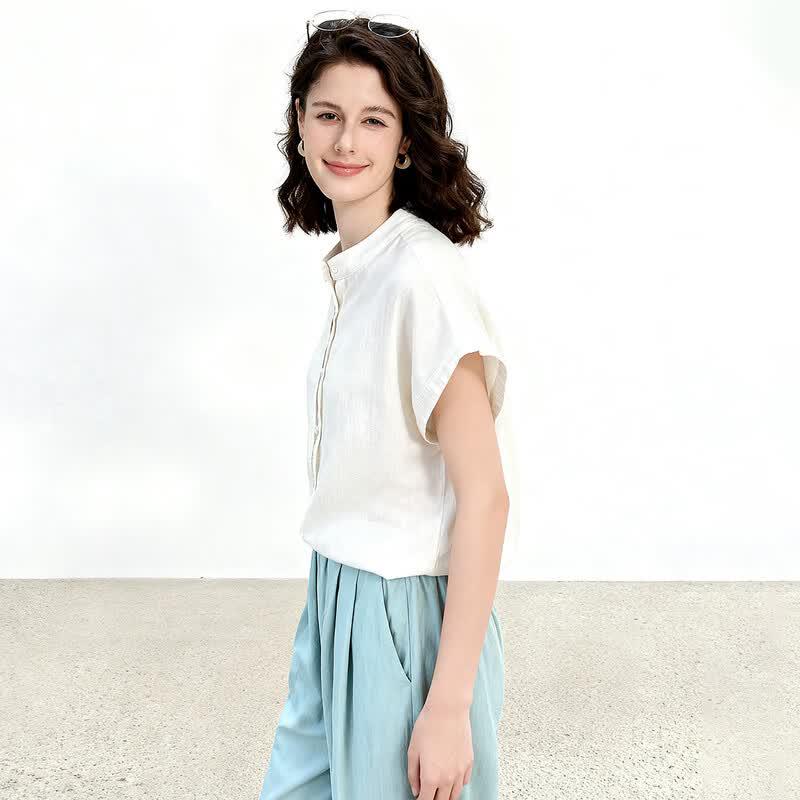 ENC Elegant White Cotton Short-Sleeve Blouse