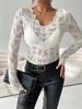 V Neck Fan Trim Single Layer Solid Lace Long Sleeve T Shirt Slim Flattering Top Women Fashion Daily Basic Casual Slim Fit Ladies Elegant Top
