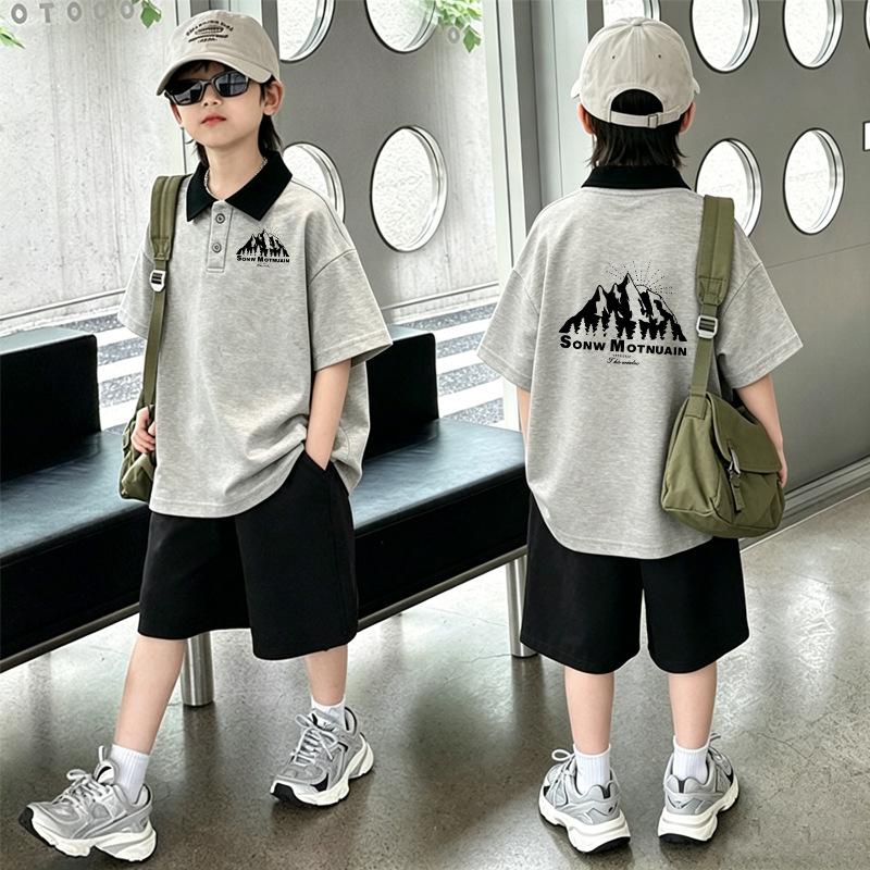 Boys' Cotton Lapel Short-Sleeve T-shirt Set: Stylish Color Block POLO Two-Piece for Summer – Medium & Large Sizes