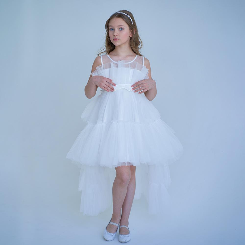 Girls' Princess Layered Puffy Train Gown for Piano Performances & Runway
