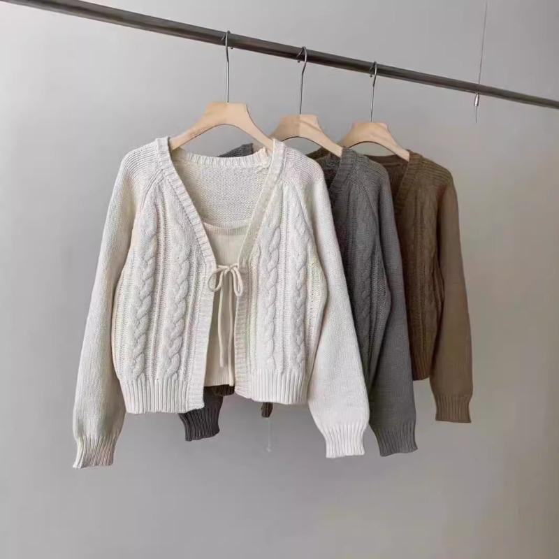 Knitted Cardigan Jacket New Soft Waxy Short Sweater Top Versatile Round Neck Lace-up Twist Shawl Two-piece Set Women