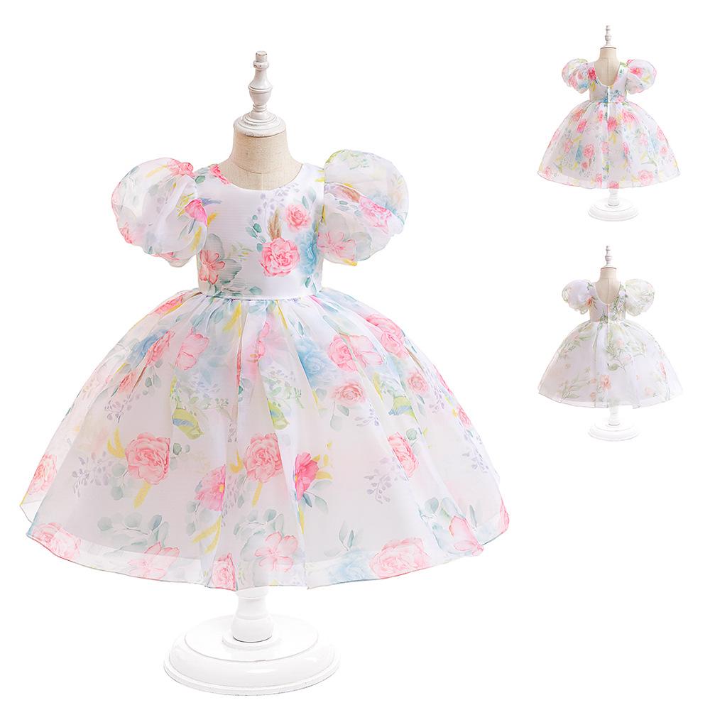 Girls' Formal Puff Sleeve Princess Dress - Floral Mesh Flower Girl Wedding Dress 2025