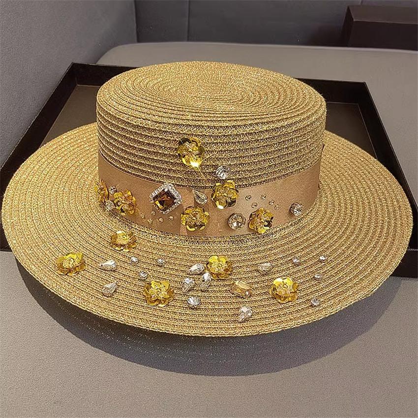 

202602-shi ins chic summer paper polyester Knitting Sequins drill flower fashion lady fedoras cap women leisure jazz hat head size 57cm золотий