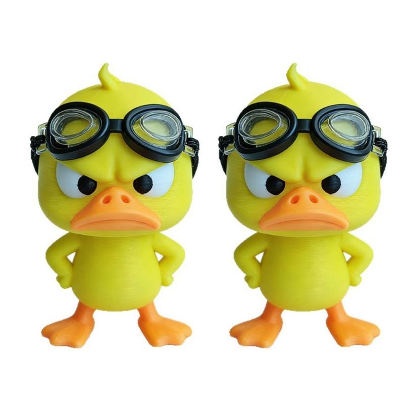 3D-Printed Angry Duck Decors, 2 Plastic Goggles-Wearing Figurines with Frowning Expression for Home or Office Desks, Shelves, and Display Cabinets