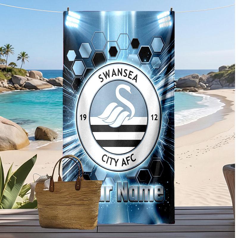 Swansea City FC Personalisiertes Bedrucktes Strandtuch Fußballlogo Unterstützung Benutzerdefinierter Name Text Absorptionsfähiges Handtuch für Sport Reisen Besonderes Geschenk