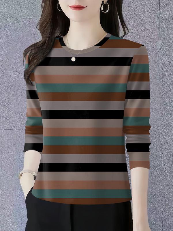 2026 Spring/Autumn Striped Long Sleeve Round Neck Shirt for Women