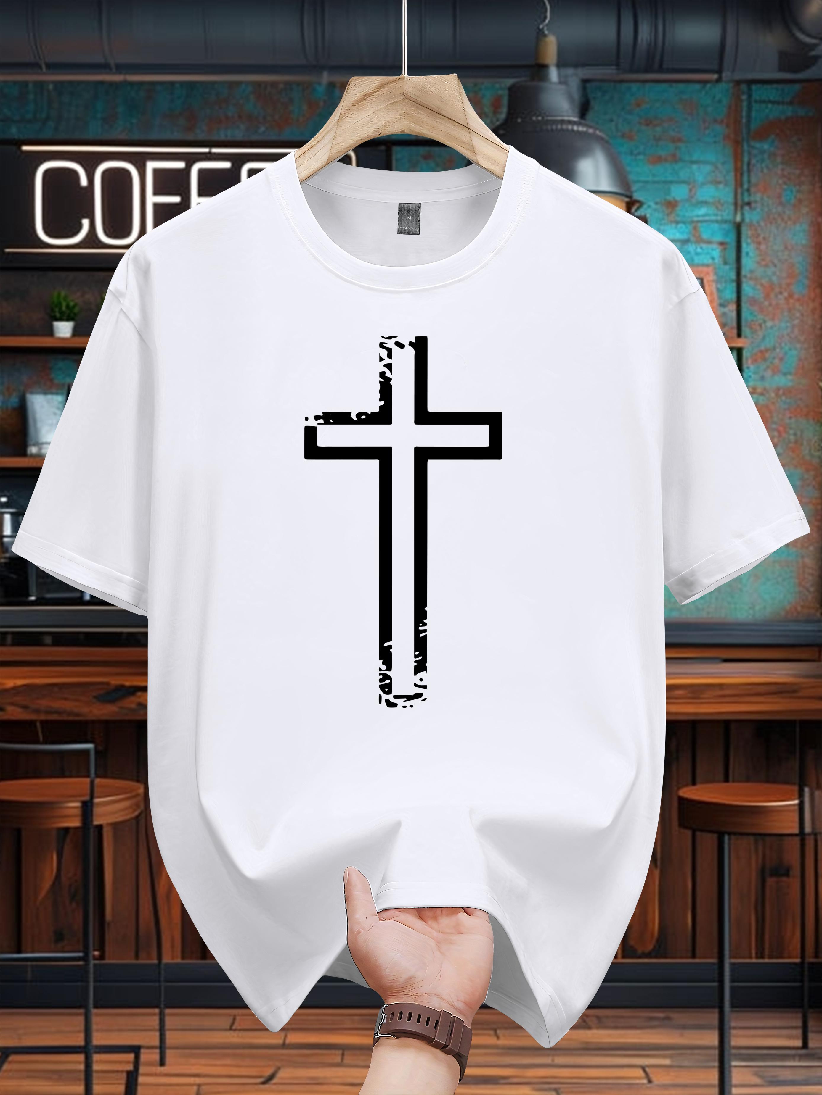 200g 100% Cotton Short Sleeve T-shirt with Bold Cross Print - White Casual Summer Tee XXXXL