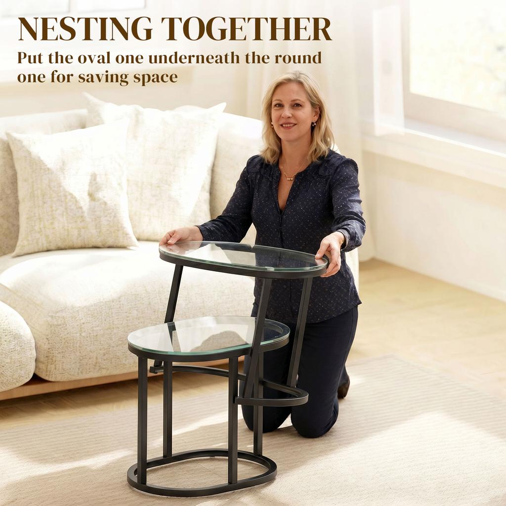 Nest Of Tables With Steel Frame And Tempered Glass Tabletop Modern Coffee Table Set Of 2 Black