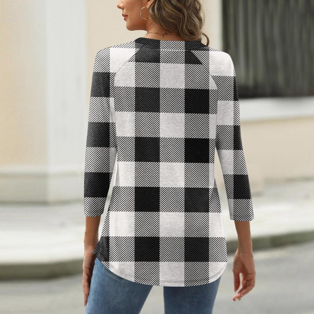 Damenmode Lässig Bedrucktes V-Ausschnitt Knopf Dreiviertelarm T-Shirt Raglanärmel Top
