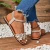 Women's Elegant Floral Embellished Slip-On Sandals  Lightweight Flat Sandals with Elastic Ankle Strap, Open-Toe Summer Beach Shoes
