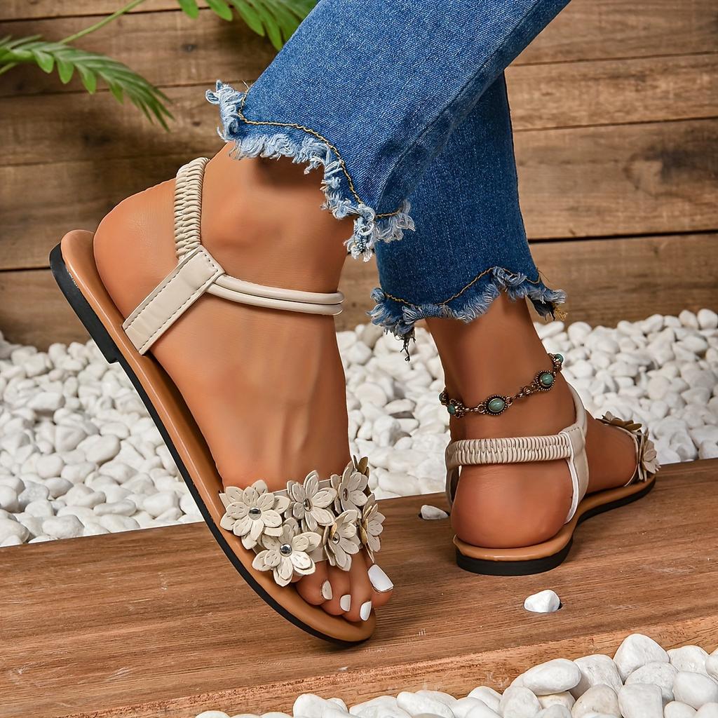 Women's Elegant Floral Embellished Slip-On Sandals  Lightweight Flat Sandals with Elastic Ankle Strap, Open-Toe Summer Beach Shoes