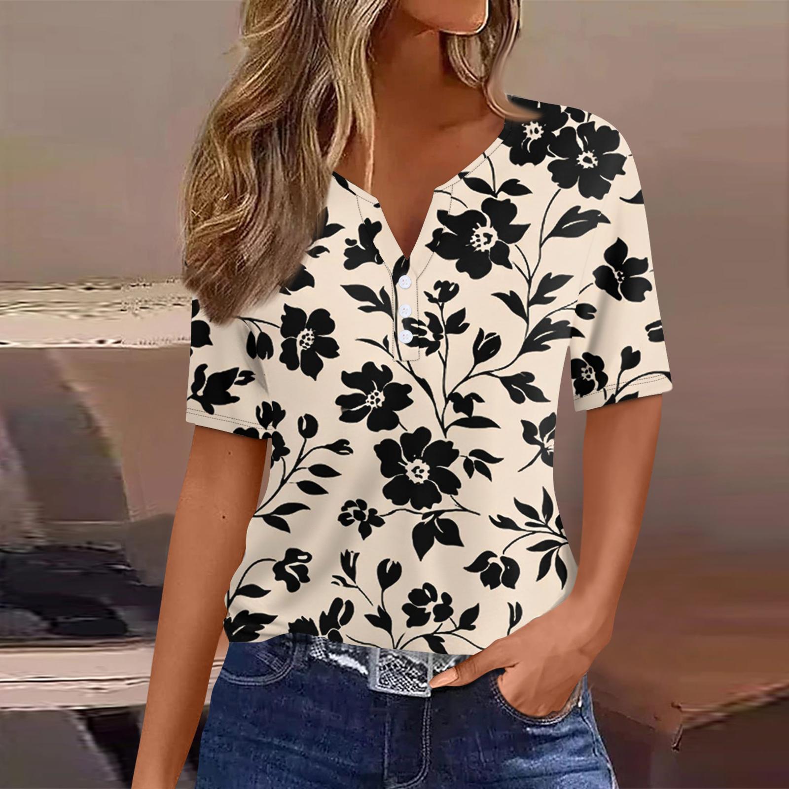 

Женская футболка с принтом на пуговицах, короткий рукав, туника, повседневная мода на выходные, базовый топ с V-образным вырезом L бежевый