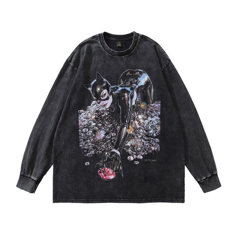 American High Street Retro Long-Sleeved T-Shirt White Ink Direct Spray Print Heavy Cotton Washed Crew Neck Sweatshirt Men'S Ins