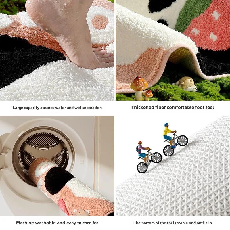 Cartoon Panda Series Square Bath Mat Superfiber Flocked Bathroom Rug Anti-Slip Water-Absorbent Foot Mats Carpet
