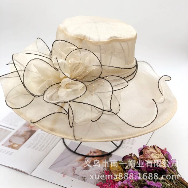 Chapeau d'été pour femme version coréenne protection solaire tissu anti-UV chapeau de soleil chapeau haut de forme en organza fleur à large bord maille