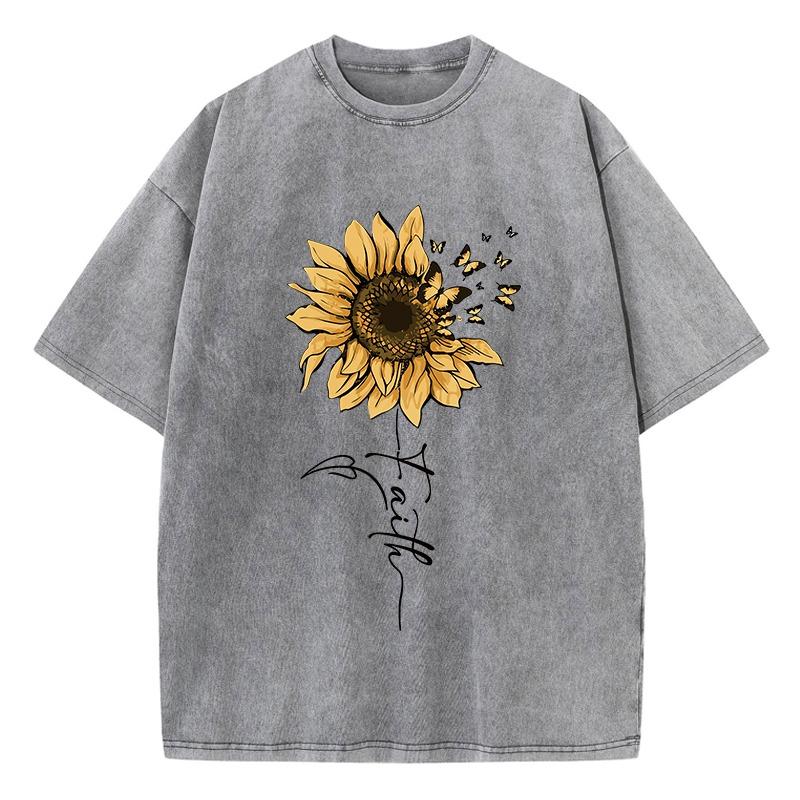 Sonnenblumen- und Schmetterlings-T-Shirt aus gewaschener Baumwolle für Damen, bedruckt, Oberteile, Sommer, O-Ausschnitt, übergroße T-Shirts, Vintage-Kleidung für schwarze Frauen