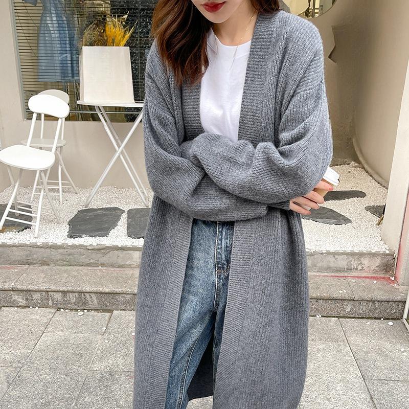 Laid-back Style Long Plus-size V-neck Knitted Cardigan for Autumn and Winter New Loose Solid Color Elegant Sweater Women's Coat