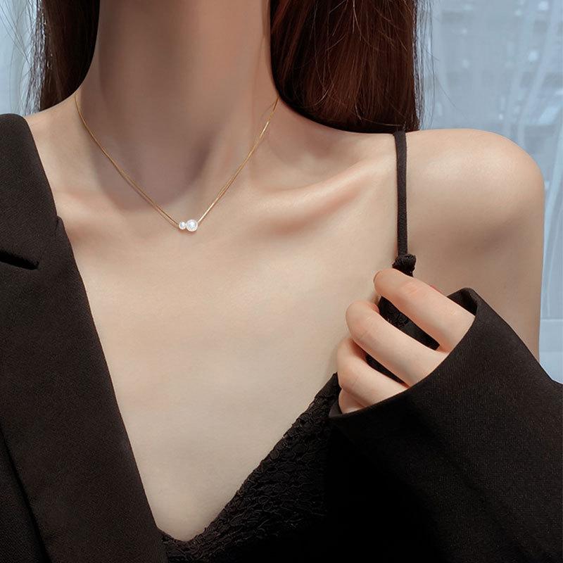 Yuan Quan Jewelry Pearl Necklace for Women, Double Pearl Collarbone Chain, Gift Neck Decoration, Box Chain, Simple