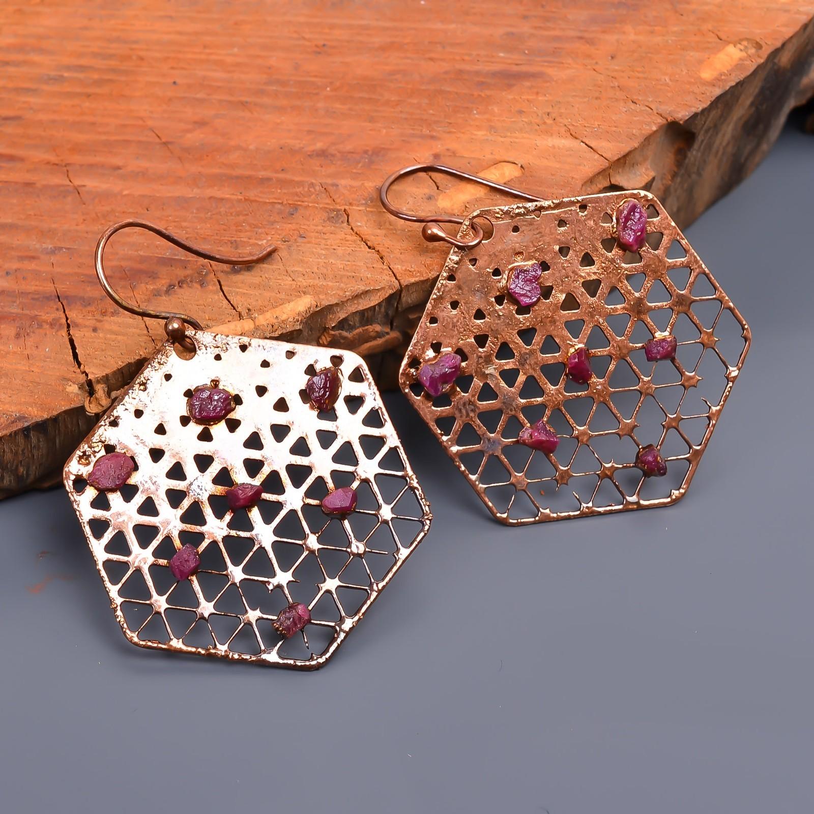 

Pink Ruby Stone Copper Drop Dangle Electroformed Friend Gift Earrings Jewelry V-45