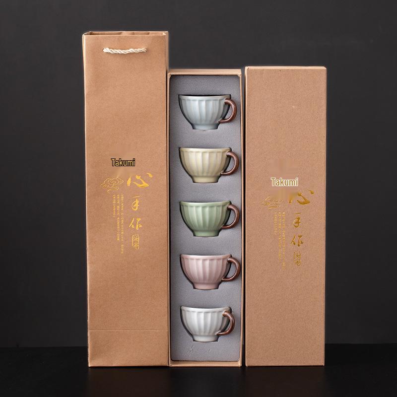 Ru Kiln Sky Five Colors Glazed Crackle Tea Cup with Handle - Master Tasting Cup in Gift Box.