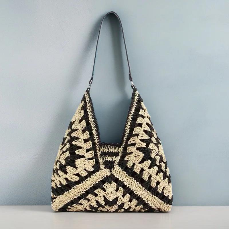 Hollow Out Woven Shoulder Bag Fashi Versatile Bohemian Beach Vacati Handbag Color-blocked Design Women's Underarm Bag