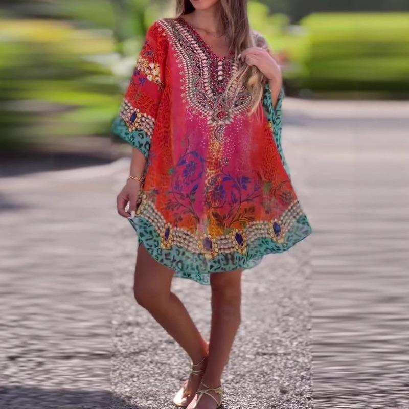

Printed Shirt Fashionable V-neck Loose Smock Top for Women s Wear XXL синій