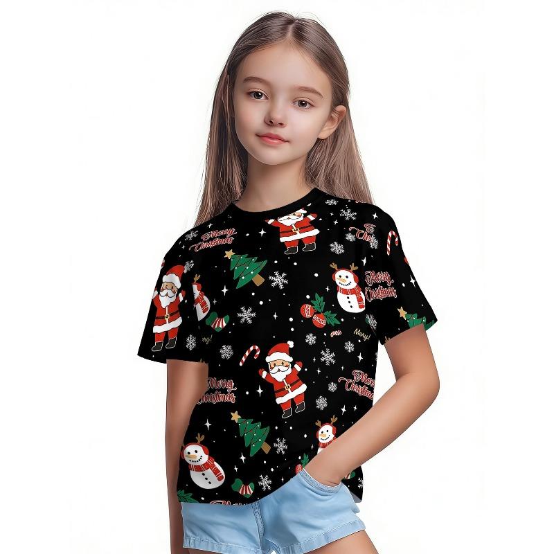 T-Shirt Girls 3D Printed Christmas Featuring Santa Claus Short Sleeve O Neck Casual Christmas Clothes Girls Top