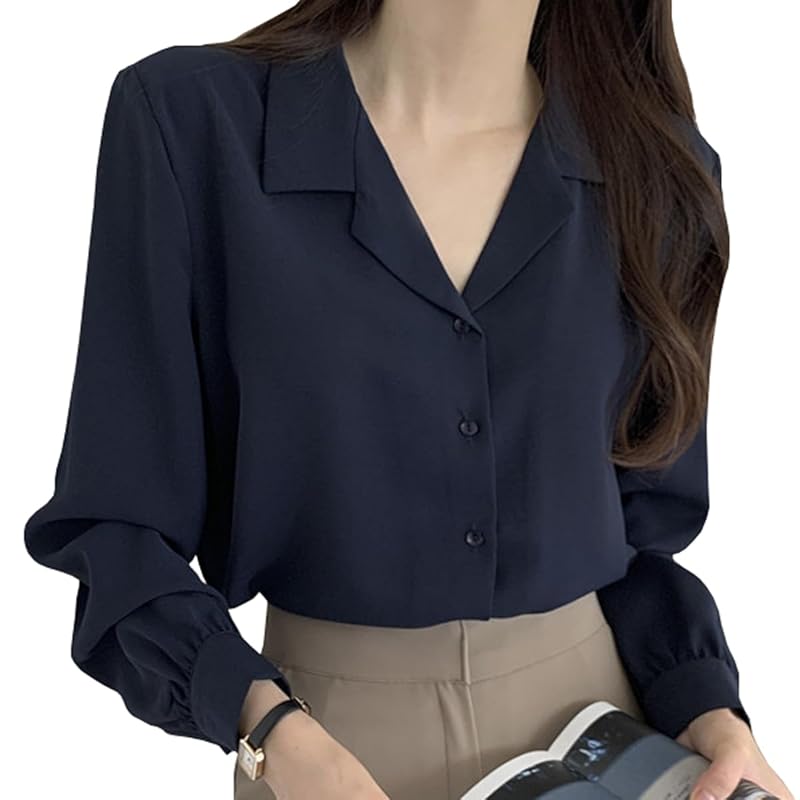 

[Wearbee] volume sleeve open collar blouse long sleeve shirt cute fashionable office Plain color simple V-neck spring/summer ladies puff sleeves long