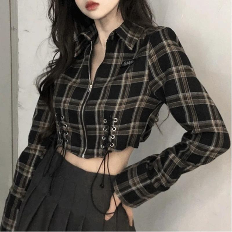 

Новые клетчатые рубашки с длинным рукавом для женщин Весна-Осень Короткие облегающие топы S