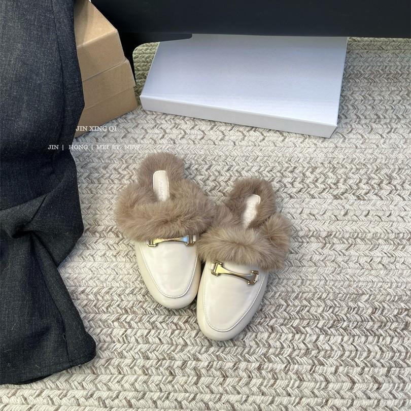 Internet celebrity 2025 hair bag head half slippers women wear autumn and winter fashion versatile medium heel thick heel muller shoes ins tide