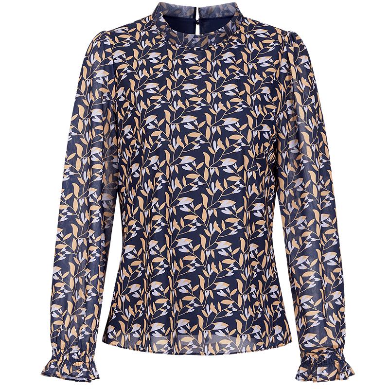 JUZUI Elegant Retro Mesh Printed Stand-Up Collar Top L