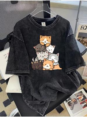 Vintage Washed Cotton T-Shirt Women Cute Cats Graphic Tee Retro Acid Wash Short Sleeve Top Japanese Style Streetwear T-Shirt