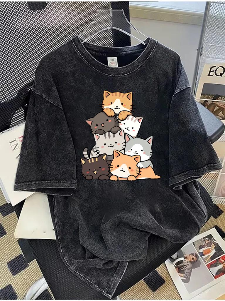 Vintage Washed Cotton TShirt Women Cute Cats Graphic Tee Retro Acid Wash Short Sleeve Top Japanese Style Streetwear TShirt