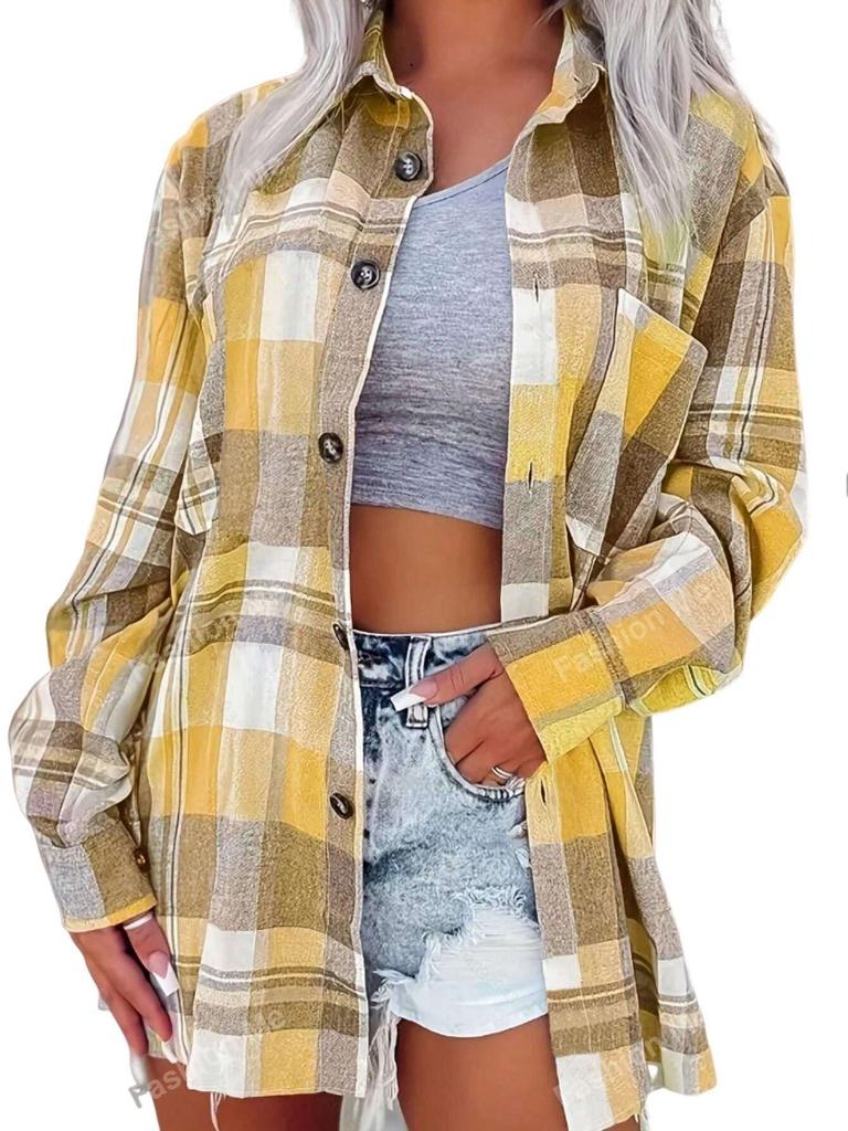 Women Plaid Long Sleeved Lapel Cardigan Shirt Thin Coat