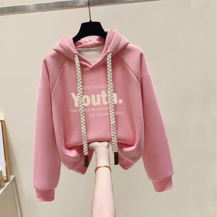 Women s Green Hooded Sweatshirt, 2024 Chic Autumn/Winter Plus Velvet Loose Casual Outerwear XL