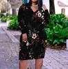 Women Plus Size V Neck Long Sleeve Black Printed Fitted Straight Dress