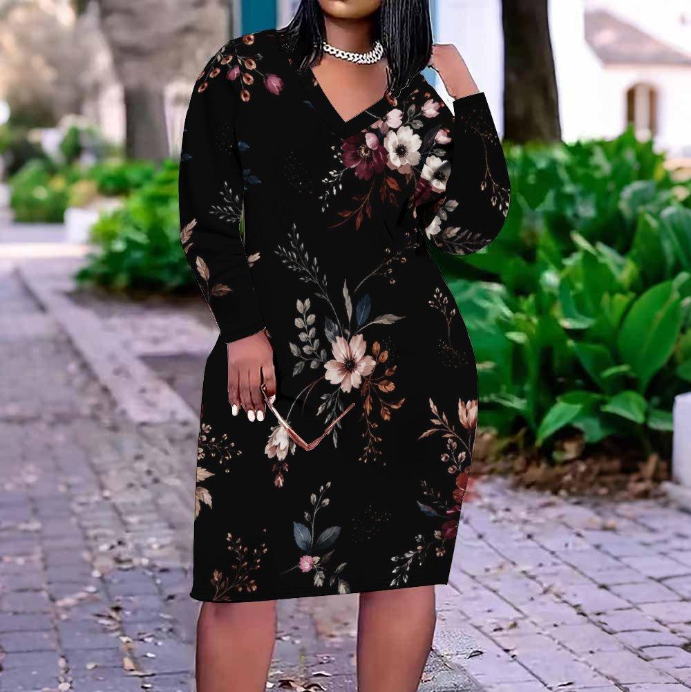 Women Plus Size V Neck Long Sleeve Black Printed Fitted Straight Dress