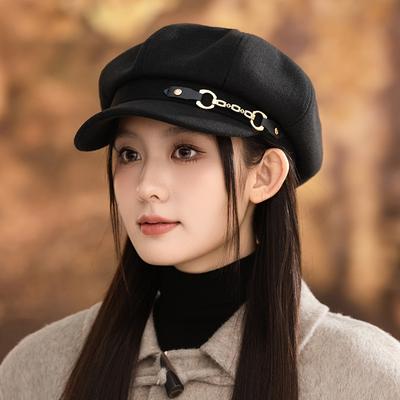 Korean Version of Autumn and Winter Hat for Women's Belt Chain Beret Casual British Style Bell Hat Literary Retro Octagonal Hat