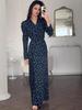 2025 European & American Blue Floral V-Neck Long-Sleeve Casual Dress