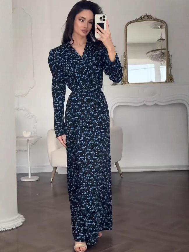 2025 European & American Blue Floral V-Neck Long-Sleeve Casual Dress