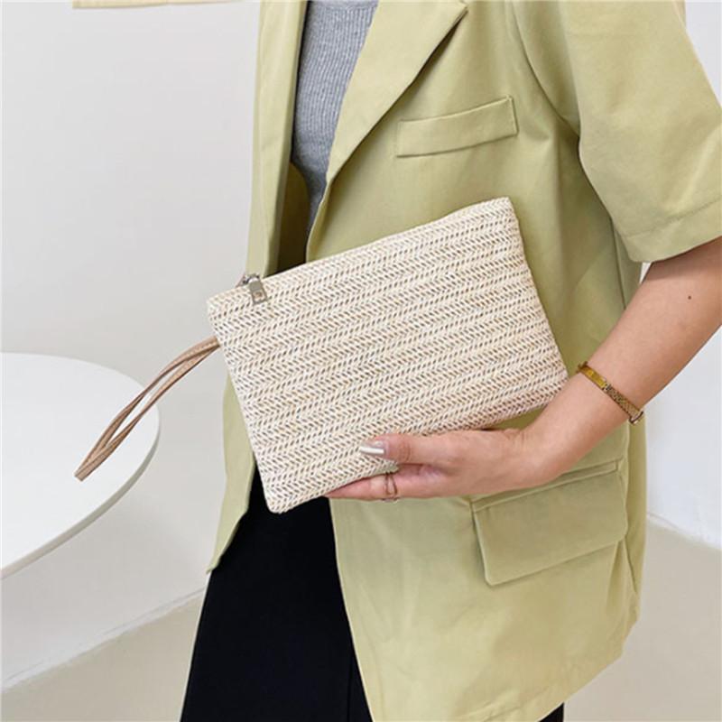 Fashion Straw Weaving Clutch Bag Solid Woven Coin Purse Beach Wallet for Women Daily Use with Phone And Money Slots Card Holder