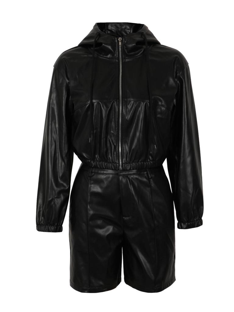 Women's European Hooded Leather Jacket & Shorts Set - Long Sleeve Casual Autumn/Winter Fashion Outerwear.