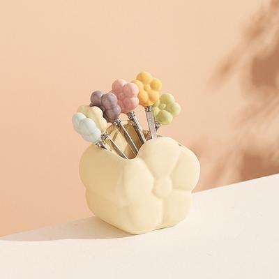 Multi-functional Ceramic Fruit Forks Receipt Jar Creative Cartoon Flower Fruit Fork Set with Storage Can Home Decoration