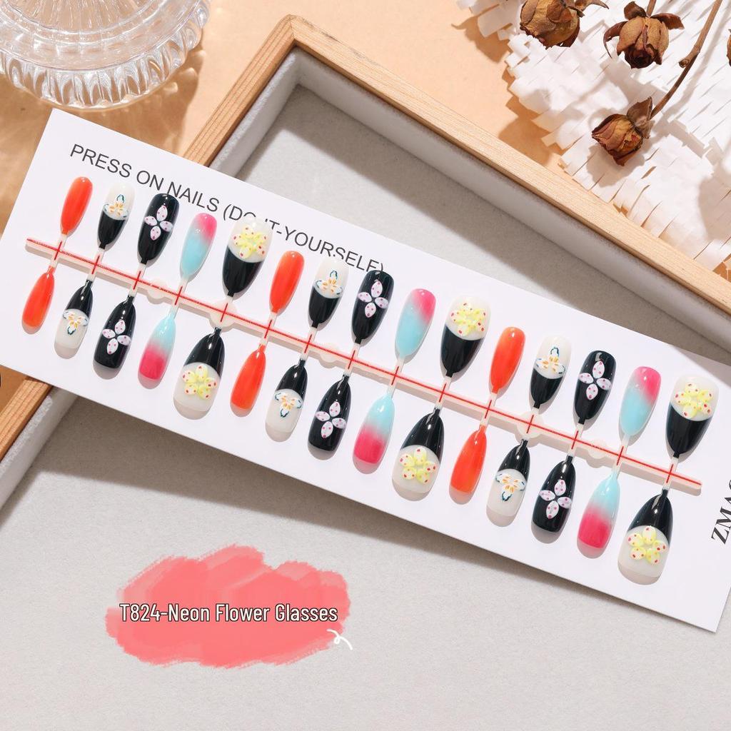 T824 Neon Flower Glasses: Hand-painted 3D Nail Stickers in a Sweet and Spicy Modern Chinese Style with Small Floral Design.