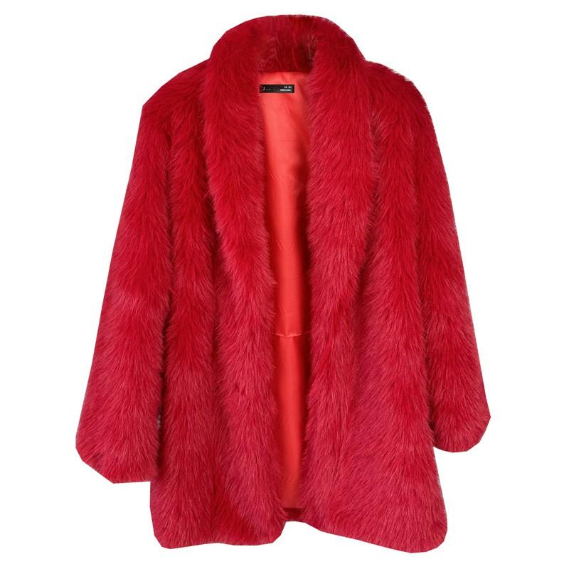 Faux Fur Mid-Length Coat Women Casual Street Style Turn-Down Collar Long Sleeve S-M-L Sizes Beige Khaki Red