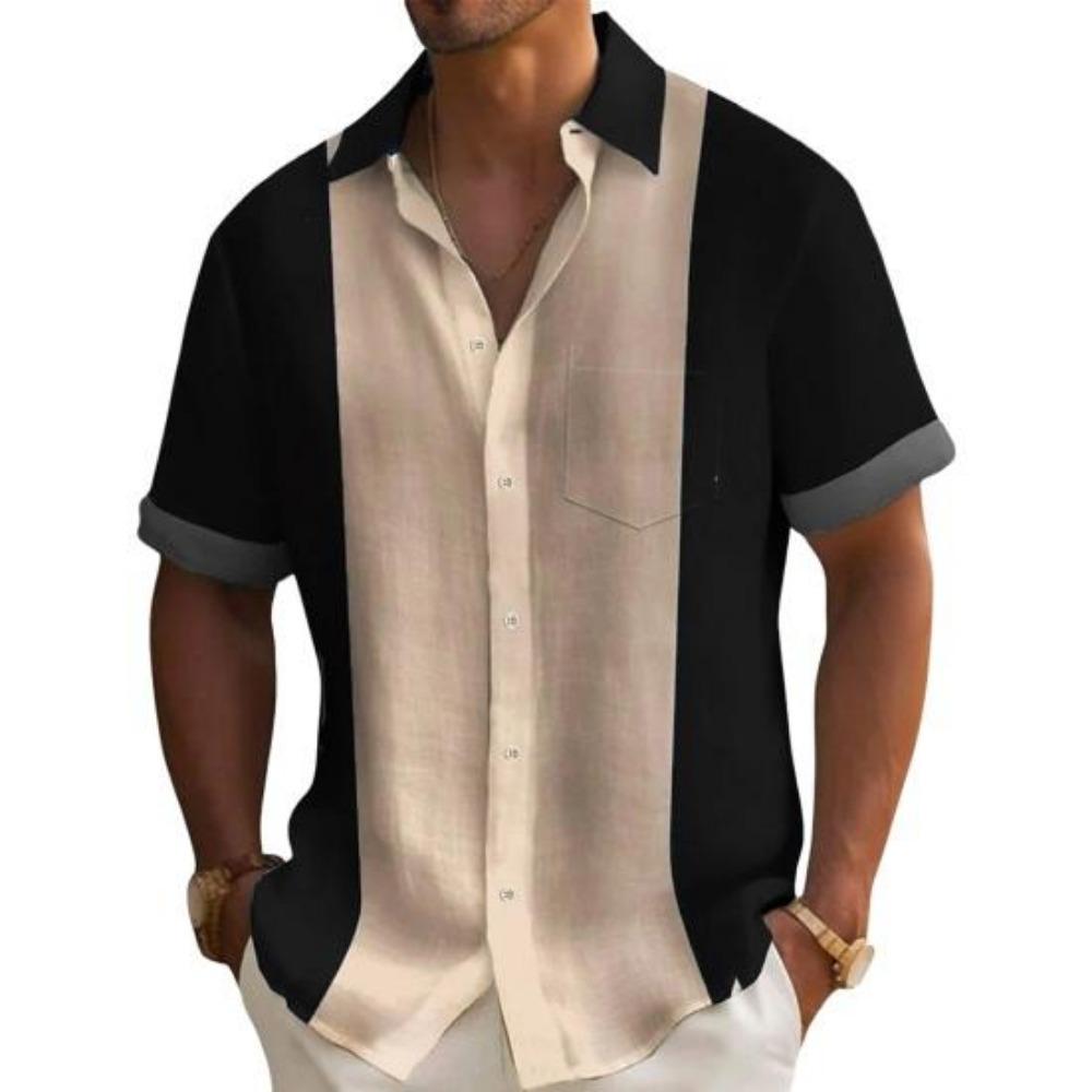 Men Shirt Lapel Collar Contrast Color Patchwork Single-breasted Loose Cardigan Short Sleeves Soft Mid Length